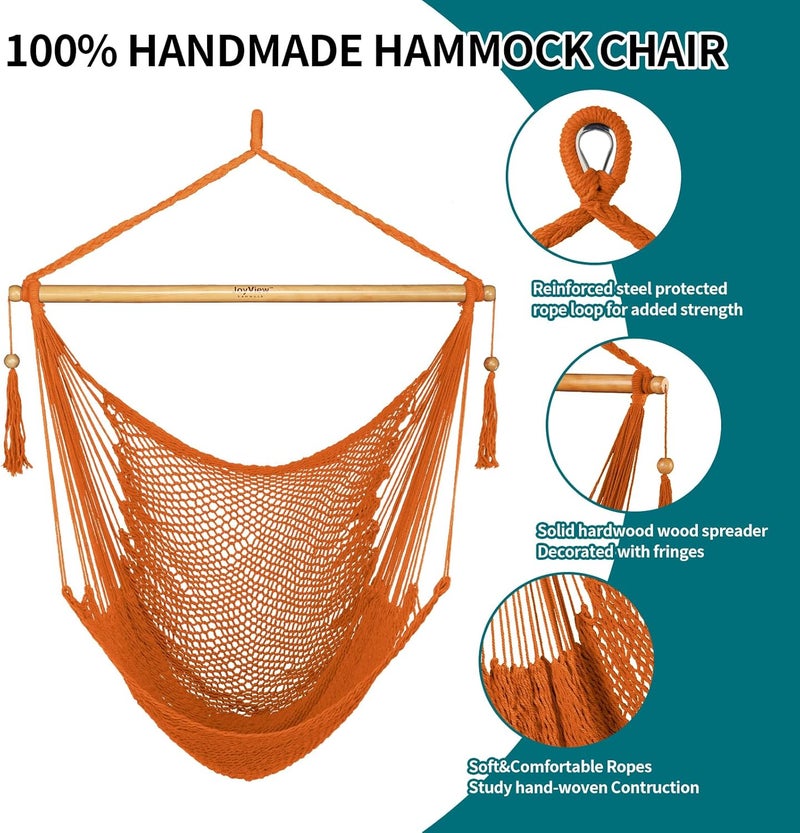 JoyView Hammock Chair with Spreader Bar Caribbean Hammock Swing Chair 300 LBS Weight Capacity XL Rope Hanging Chair for Outdoor Indoor Garden Yard - Orange - Image 4